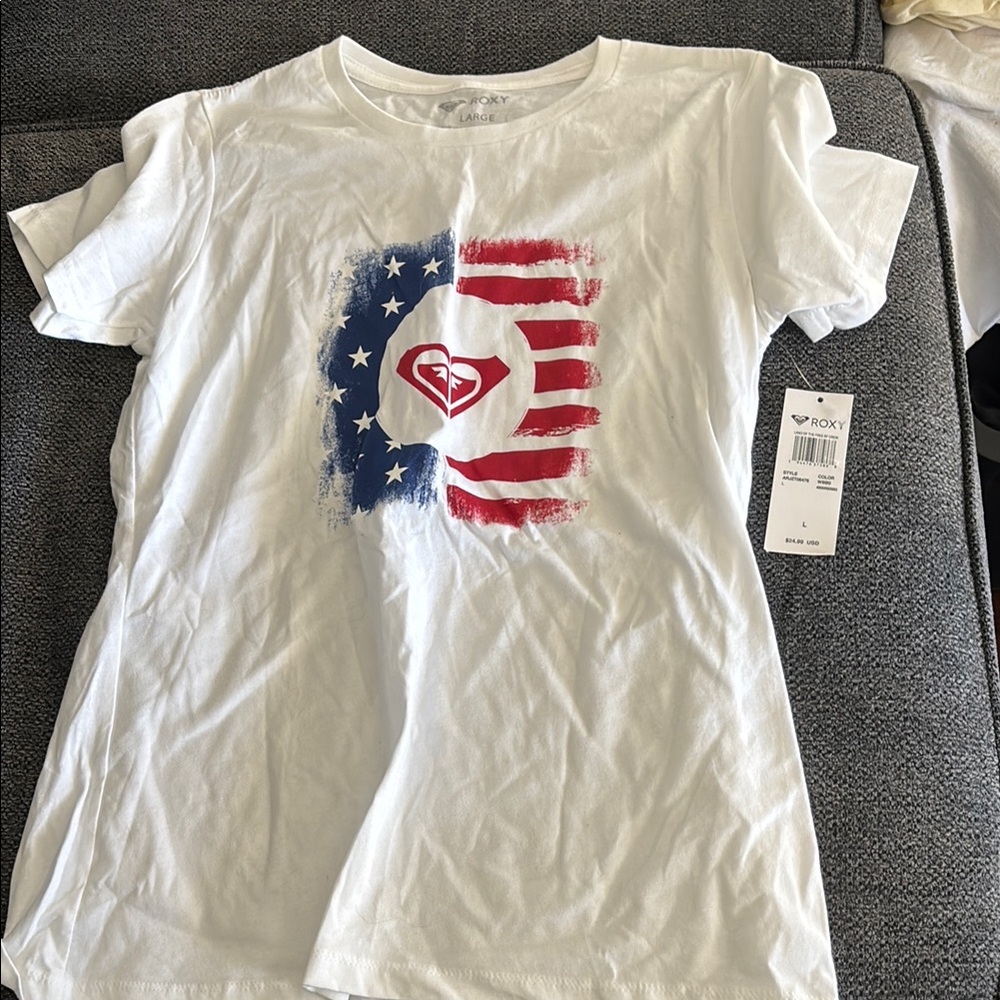 Roxy White T-Shirt with Flag Design